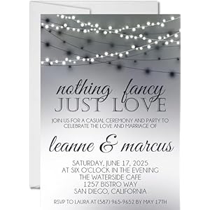 Casual Backyard Wedding Inviations, Set of 12 – Bistro Light Inspired Wedding Invitations With Envelopes (Black/Grey)