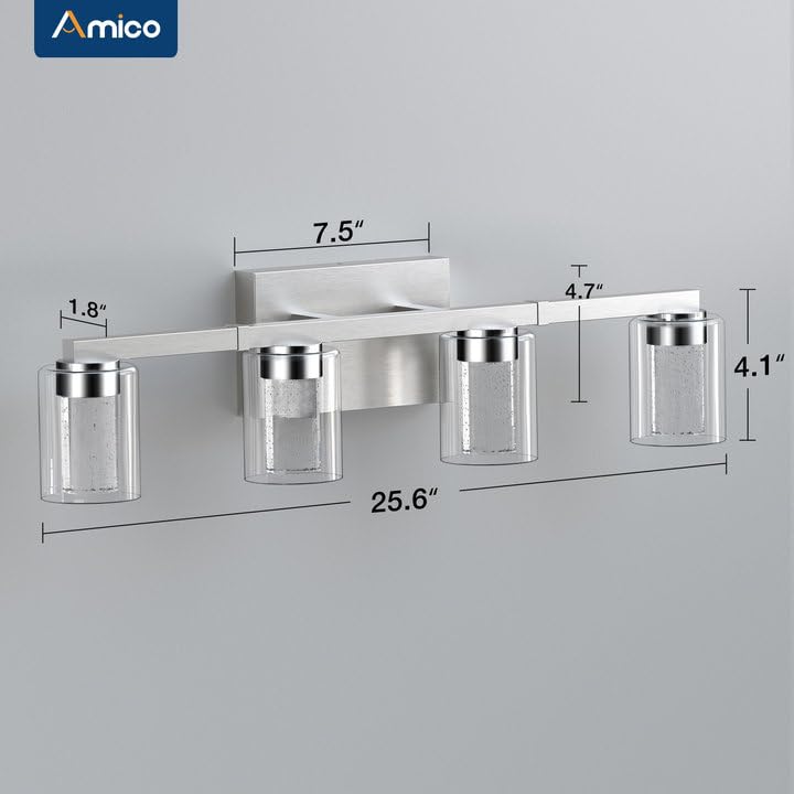 Image of Amico Bathroom Vanity Lights, 4 Lights Brushed Nickel Bathroom Lighting Fixtures with 3CCT Adjustable, Modern Wall Light Over Mirror with Crystal Bubble Glass Shade