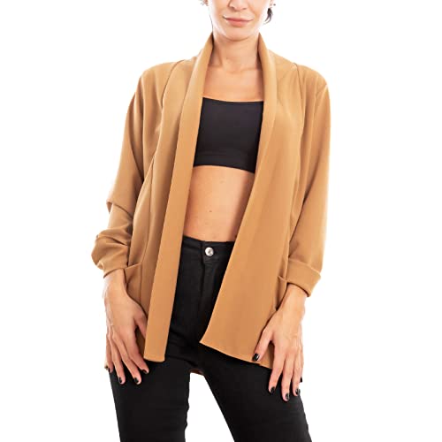 Toocool Veste Blazer Femme Ouverte Oversize Manches 3/4 Stretch Printemps Été VI-80021 [Taille Unique, Camel]