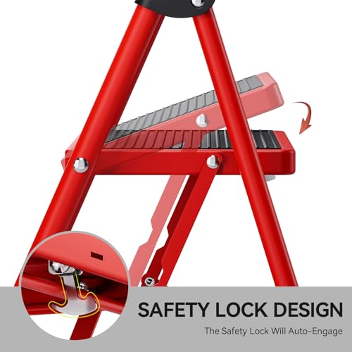 KINGRACK Step Ladder, Folding Ladder with Non-Slip and Wide Pedal, Folding Step Stool for Adults, Lightweight and Portable Step Ladder (Red, 4 Steps with handrail)