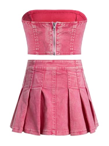 Image of WDIRARA Girl's Y2K 2 Piece Outfits Bandeau Tube Tops Jeans Denim Sets A Line Pleated Mini Skirt Set
