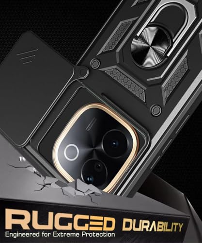 Image of WOW IMAGINE Tough Armor Bumper Mobile Back Case for iQOO Z9s Pro 5G | Vivo T3 Pro 5G | Sliding Camera Shield Cover | Shock Proof 360 Protection | Hybrid PC + TPU | Ring Holder with Kickstand - Black