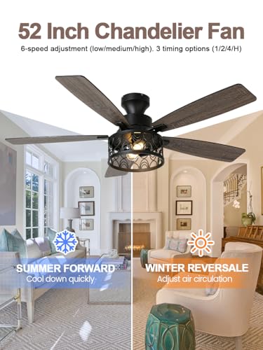 Image of 52 inch Farmhouse Rustic Flush Mount Caged Ceiling Fan with Light