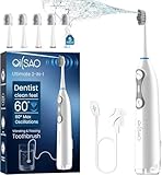 Electric Toothbrush with Water Flosser-Flosses, Vibrates and Oscillates(The 1st Tech), 3-in-1 Upgraded Pro Flossing Toothbrush with 5 Brush Heads, Plaque Removal for Sensitivity, Braces (White)