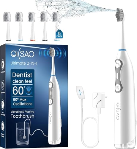 Spazzolino elettrico con filo interdentale ad acqua, vibra e oscilla (la prima tecnologia), spazzolino da denti professionale 3 in 1 con 5 testine, rimozione della placca per sensibilità, bretelle