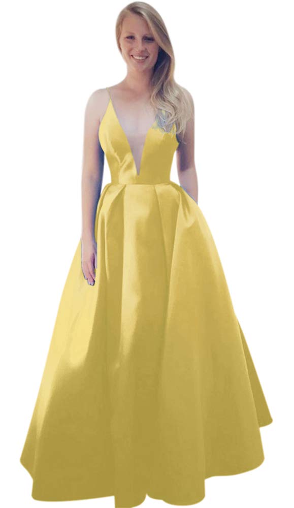 Andybridal Simple Designs A Line Deep V Neck Satin Long Prom Dress with Sleeves