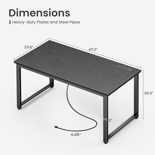 Huuger 48 x 24 inch Desk with Power Outlets & USB-C, Deeper & Thicker Desktop, Robust Metal Tubes, Computer Desk, Heavy Duty Office Desk, Work Gaming Desk for Home Office, Black