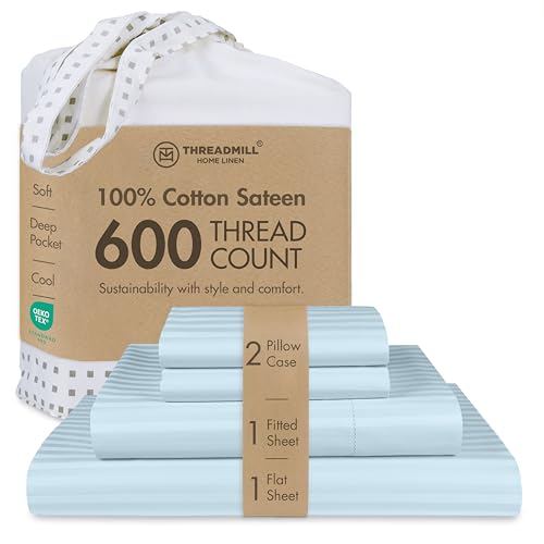 Image of Threadmill 100% Cotton Sheets for Full Size Bed - 600 Thread Count Full Bed Sheets Set with 16 inch Deep Pocket - Damask Stripe Sateen Weave 4-Piece Bedding Set with Cooling Effect, Blue