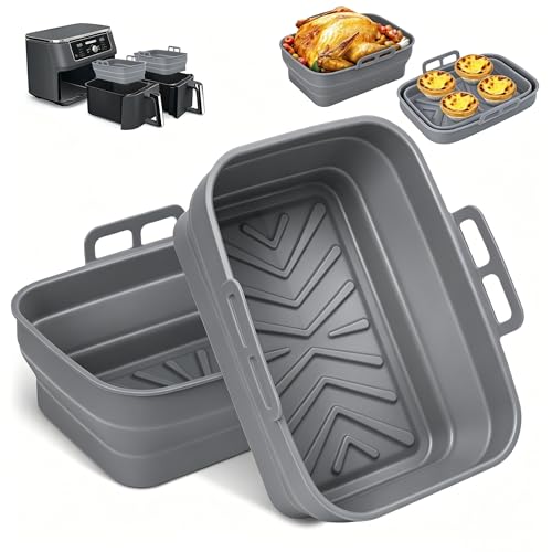 Pietuley Silicone Air Fryer Liners for Ninja Dual AF300UK/AF400UK/AF451UK 2PCS Foldable Tower Basket T17088 Air Fryer Accessories Reusable Insert for 7.6L- 9.5L Baskets Airfryer Baking Tray