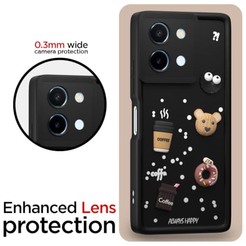 Image of Bintage Cute Fun Ball | Taddy Cartoon 3D Smiley Coffee Cup | Milk Donut | Full Camera Protection Back Cover Compatible for Vivo V2354A / Vivo Y200I 5G - Black