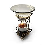 DEKORATIV UND PRAKTISCH: Duftlampe aus Metall mit Glasschale. Die Lampe überzeugt durch elegantes, landhaus Design mit geschwungenem Metall (Messing) und benötigt wenig Platz. Das schicke Glas-Schälchen lässt sich schnell und unkompliziert wieder reinigen.
