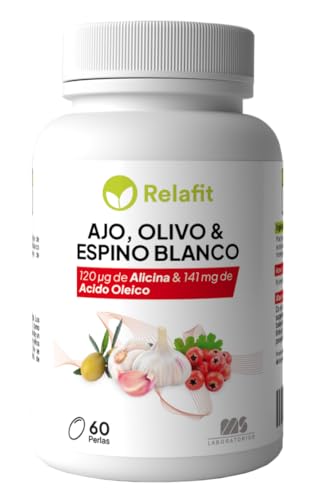 Ajo + Olivo + Espino Blanco – 60 Perlas | Suministro para 2 meses | Salud cardiovascular | Mejora la tensión arterial | 100% Natural | Relafit - Laboratorios MS