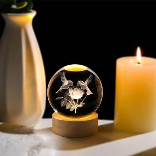 Image of Arikyrist 3D Crystal Hummingbird Figurines Decorative Balls Night Light, Crystal Humming Birds Figurines Gifts for Bird Lovers, 3D Laser Engraved Glass Sphere Decor for Home Office.