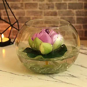 TIED RIBBONS TiedRibbons Glass vases for Decoration Round Glass Vessel with Faux Lotus and Natural Stones Artificial Decorative Flowers with Vase