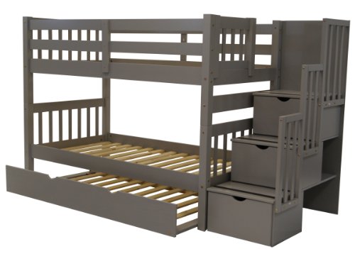 Bedz King Stairway Bunk Beds Twin Over Twin With 3 Drawers In The Steps And A Twin Trundle, Gray #TOP4
