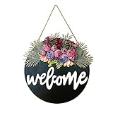 Welcome Sign Front Door Decor, Gioyonil 12Inch Wooden Hanging Round Sign Wreath Thanksgiving...