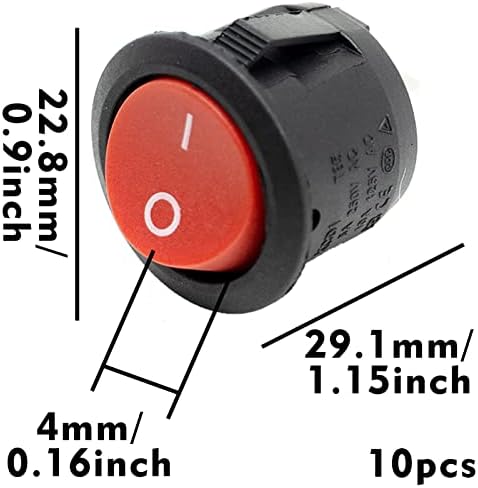 Rocker Switch ON/Off KCD1 Mini Round Toggle Switch SPST 2Pin Snap-in Latching with Wires Pre-Wired AC 6A/250V 10A/125V,for car Boat(10Pcs)