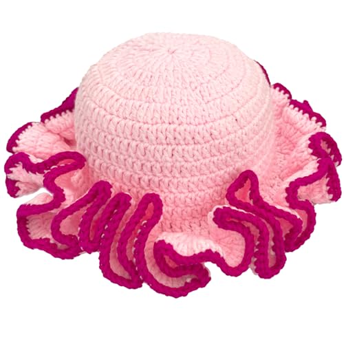 Hshsclth Handmade Crochet Hat Cute Bucket Hat for Women Boho Multicolor Ruffle Brim Crochet Knit Bucket Hat (US Alpha One Size Pink Fuchsia)