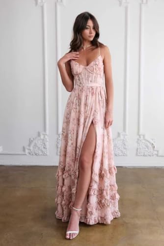 Guramisi Floral Print Prom Dress Chiffon Spaghetti Straps Long Formal Gowns V-Neck A Line Evening Party Dress3