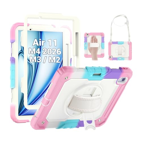 Image of SEYMAC Kids Case for iPad Air 11 Inch M4 / M3 / M2 (2026 /2025 / 2024), Heavy Duty Shockproof Protective Case with Screen Protector, Rotating Stand and Hand /Shoulder Strap, Colorful Pink