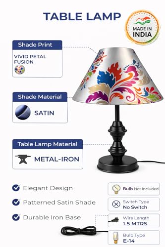 Image of tu casa Modern Table Lamp with Crimson Floral Satin Shade | Metal Iron Base Decorative lamp for Living Room| Decorative Lighting for Living Room,Designer Table Lamp for Gifting (Vivid Petal Fusion)