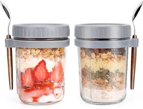 Image of Overnight Oats Containers with Lids and Spoons 350 ml Glass Mason Jars for Overnight Oats Leak Proof Oatmeal Container Great for Cereal Fruit Vegetable Milk Salad Yogurt (random color) (2)