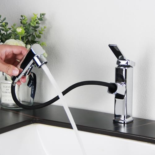 Wasserhahn Bad, SEMANEY Hochdruck Waschtischarmatur mit Herausziehbarer Brause, Waschbecken Armaturen mit 3 Strahlarten, Mischbatterie Waschbecken Ausziehbar, Chrom