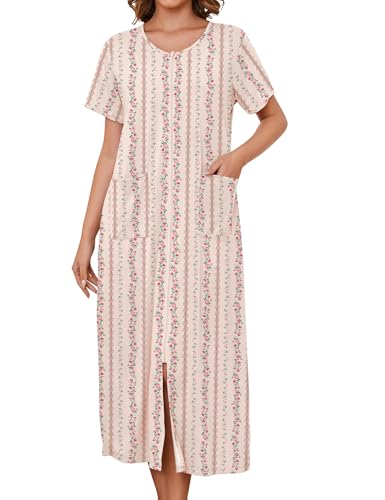 Image of Bloggerlove Zipper Front Robes for Women House Coat Half Sleeve Loungewear Long Nightgown with Pockets S-3XL