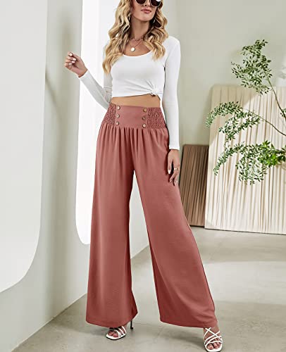 sysinside Women's Casual Wide Leg Pants Smocked High Waist Chic Button Decoration Palazzo Lounge Trousers4