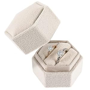 Lusofie Trouwringdoos fluwelen ringdoos met afneembaar deksel 2 sleuven zeshoek premium prachtige sieraden verlovingsringdoos voor ceremonie (beige)