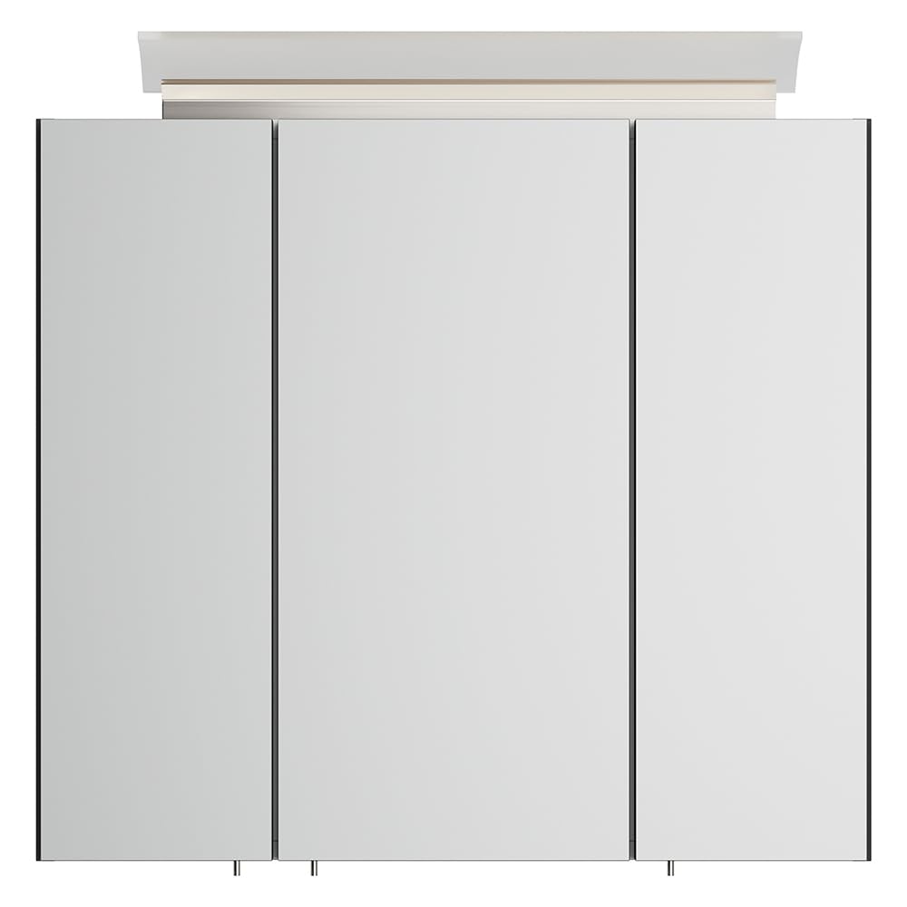 Lomadox Badezimmer Spiegelschrank 70cm, 3-türig, grau mit LED-Aufsatzleuchte, Glasböden, 3D-Funktion, Kombibox (Steckdose mit Schalter)