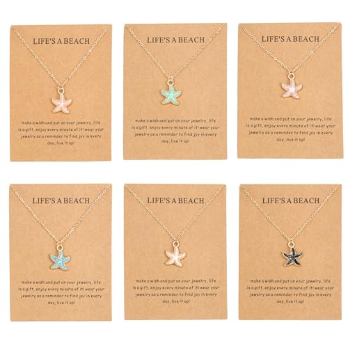 6Pcs Gold Beach Starfish Necklace Set for Women Cute Beachy Hawaii Star Fish Bulk Necklaces Pack Trendy Hawaiian Friendship Matching Jewelry Accessories