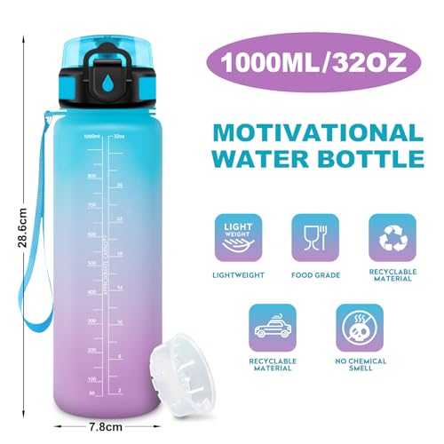 Japoria Borraccia 1L, Bottiglia Riutilizzabile, Bottiglia Acqua A Prova Di Perdite, Borraccie Con Filtro E Marcatori Temporali, Senza Bpa, Borraccia Motivazionale Per Campeggio, Scuola, Ufficio - 6