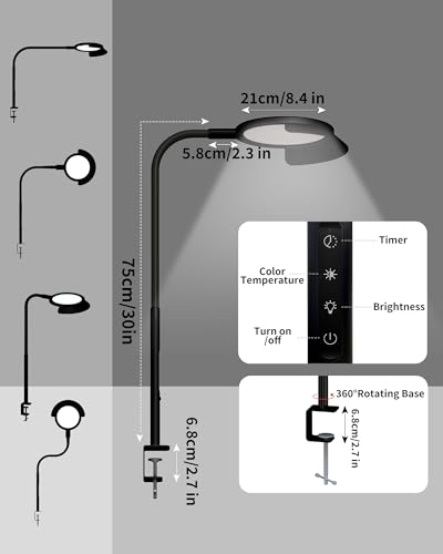クランプ付き LED デスク ランプ、サンシェード タッチ コントロール付き目に優しいデスク ライト、建築家照明グースネック タスク ランプ 25 種類の照明効果モード クランプ ランプ オフィス ワークベンチ 製図 ライブ ストリーミング用 (ブラック) [4]
