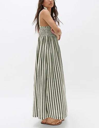 Image of Lentta Women's Striped Smocked Maxi Dress Causal Spaghetti Strap Stretchy Flowy Swing Long Dress with Pockets