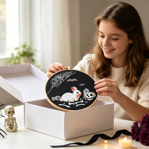 Image of Halloween Embroidery Kits for Beginners Adults, Gothic Rabbit Embroidery DIY Kit, Halloween Cross Stitch Kits Needlepoint Kits for Beginners Adults Woman Gifts, Embroidery Hoop, Thread, Video Tutorial