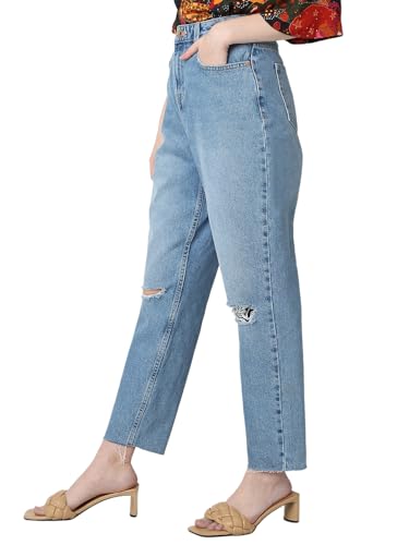 Image of VERO Moda Women's Mom Fit High Rise Distressed Jeans