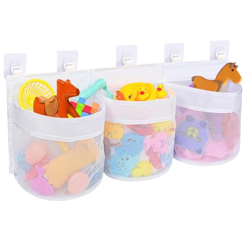 Bolsa Juguetes Bañera con 4 Ganchos Autoadhesivos Fuertes & 3 Compartimentos, Almacenamiento Juguete Baño Colgante para Organizar Clasificar,Malla Organizadora Colgar Secado Rápido para Niños Bebés
