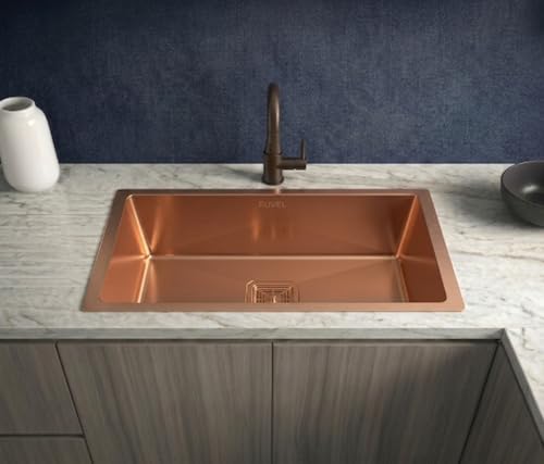 Image of RUVEL Kitchen Sink 24 inchx18 inchx9 inch | Premium Handmade 304 Grade Stainless Steel Single Bowl | Heavy Duty, Rust & Scratch Resistant | Includes Waste Coupling, Drain Rack & Hose Pipes | Rose Gold