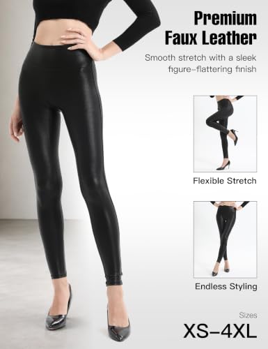 Image of Retro Gong Faux Leather Leggings for Women, Black High-Rise Pants