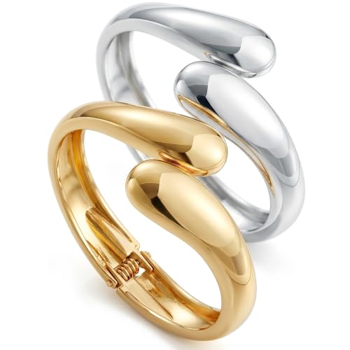 Image of Chunky Gold Bangle Bracelets for Women, Dainty 14k Gold Plated Big Stackable Bangles Set, Trendy Statement Cuff Bracelet Stack Fashion Jewelry Gifts