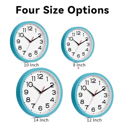 Image of Roymnie 8 Inch Small Wall Clock, Battery Operated Silent Non Ticking Blue | analog wall clock; bold numerals for easy reading; silent non-ticking; 1 AA battery (not included); for classroom