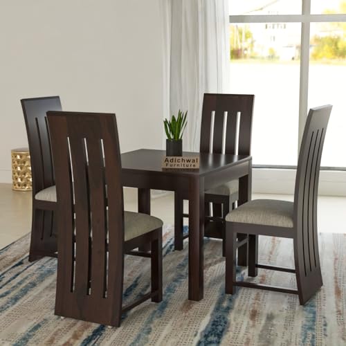 Image of Solid Sheesham Wood 4 Seater Dining Table Set with Cushioned Chairs for Dining Room | Living Room | Home & Office | Hotels Restaurant & Cafe (4 Seater, Walnut B)