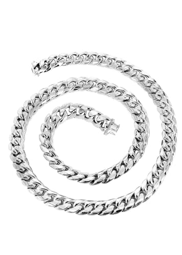 White Gold Cuban Link Chain Necklace for Men Real 14MM 14K Karat Diamond Cut Heavy w Solid Thick Plated Clasp US Made3