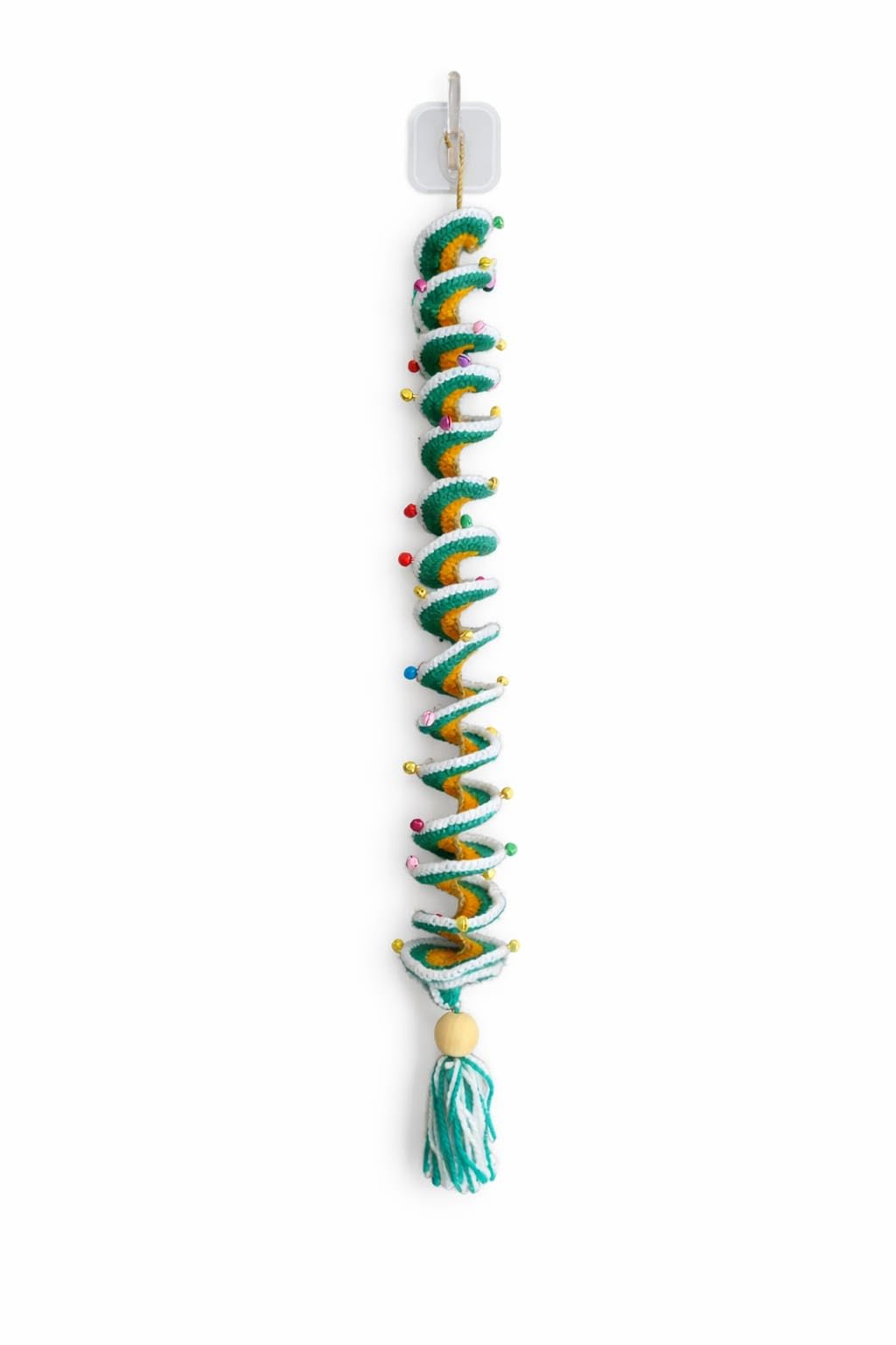 Handcrafted Crochet Wind Spinner Spiral Wall Hanging, Green, Orange and White, with Colourful Beads and Tassel, Boho Home Décor-image-3