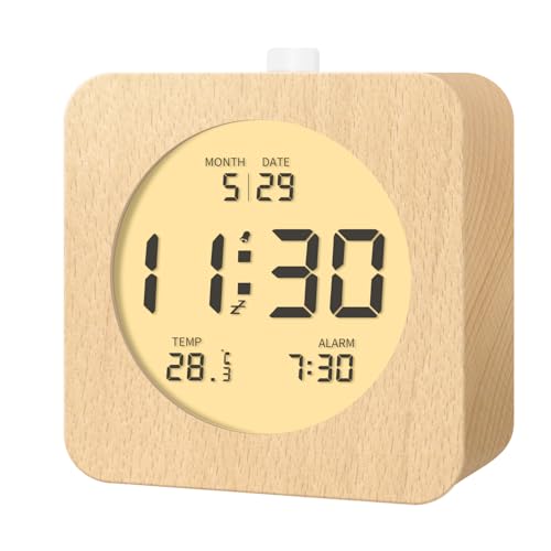 aboveClock Despertador Digital, Despertador De Madera con Pantalla LCD Que Muestra Temperatura Y Fecha, Función Snooze, Retroiluminación, Funciona con 3 Pilas AAA (Pilas No Incluidas)