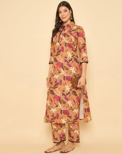 Image of SheWill Women Cotton Blend Floral Printed Straight Kurta with Mandarin Collar, Button Detailing, and 3 /4th Sleeves Paired with Matching Printed Pants