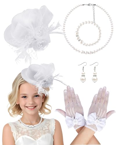 Mini Tea Party Hat Girl Fascinator with Pearl Necklace Earring Gloves Set for Girls Birthday Wedding 1920s Costume