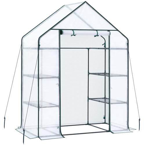 Image of Ohuhu Small Greenhouse for Outdoors: 4 Tiers 6 Shelves Walk-in Indoor Green House Heavy Duty Plant Stands Reinforced Plastic PE Cover Mini Portable Warm House for Outside, 4.8x2.5x6.4 FT White