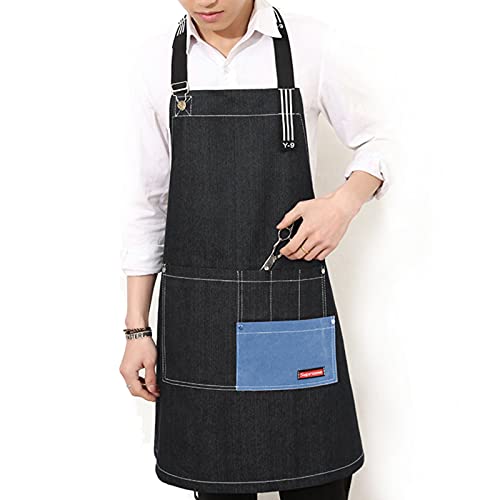 Delantales Para Mujeres Hombres Delantal De Mezclilla Ajustable Con Múltiples Bolsillos, Para Chef, Cocina, Barbacoa Y Estudio,Black b,Large Cover
